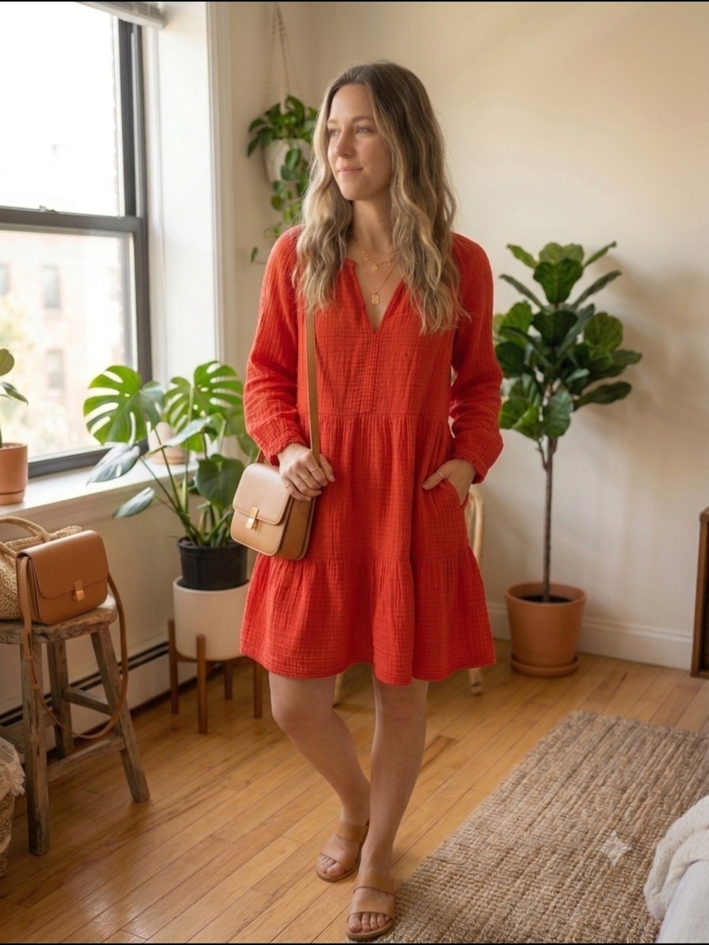 Velvet by Graham & Spencer Clarissa Cotton Gauze Tiered Dress Red XS Boho Pocket